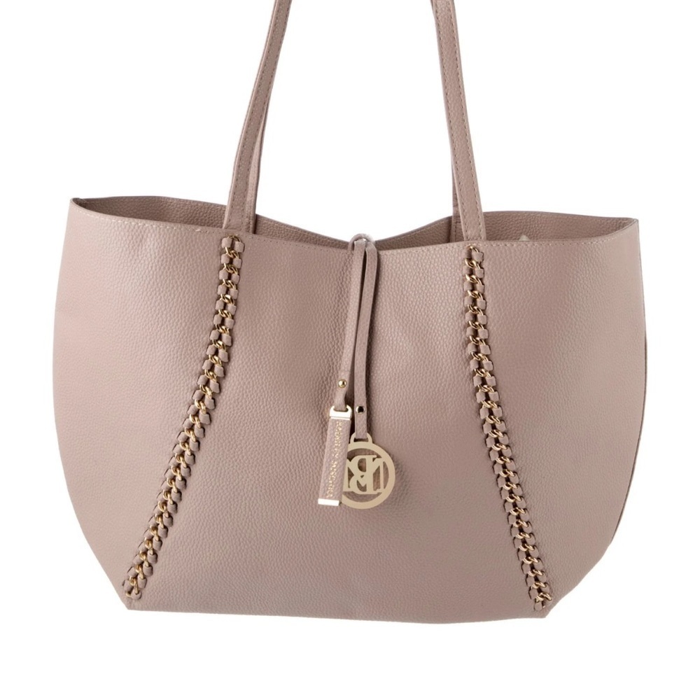 BADGLEY MISCHKA VEGAN LEATHER CHAIN-LINKED TOTE NEW WITH TAGS TAUPE